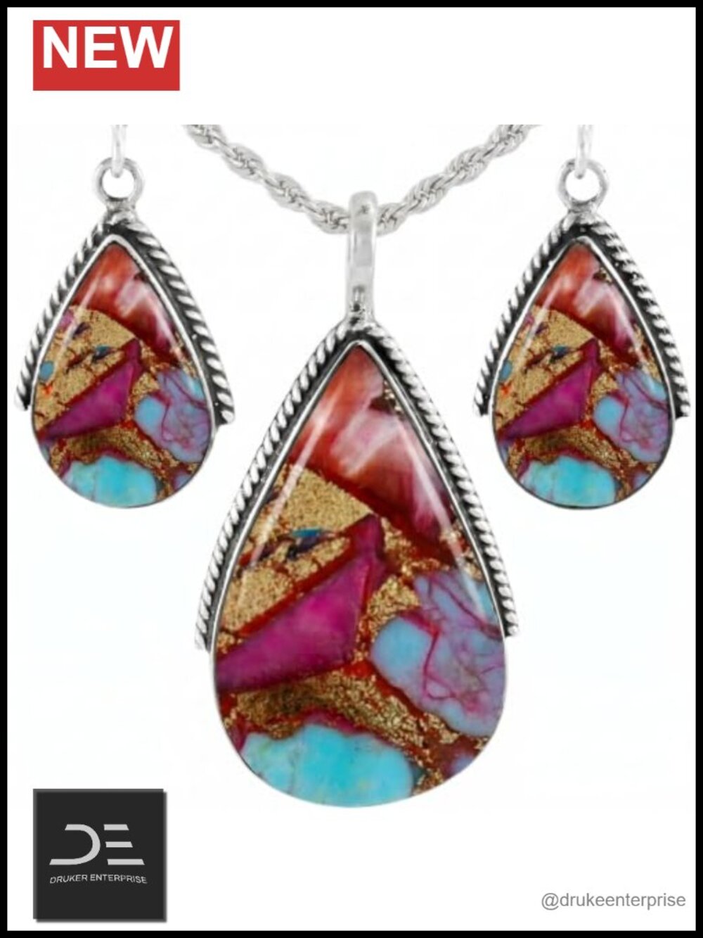 Sterling Silver Jewelry Set with Gemstones Pendant Earrings Chain